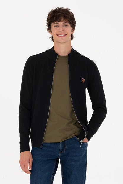 U.S. Polo Assn. Black Men Black Waffle Knit Zip Through Cardigan SKU: G081SZ0TH0 1629653_VR046 Image 03