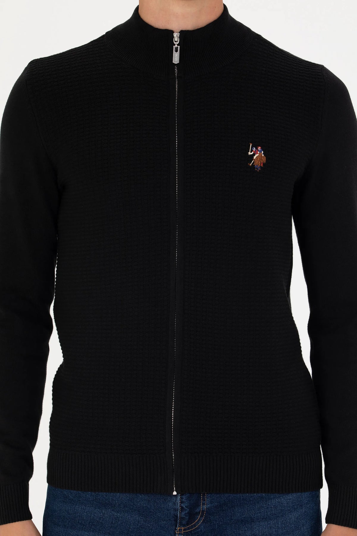 U.S. Polo Assn. Black Men Black Waffle Knit Zip Through Cardigan SKU: G081SZ0TH0 1629653_VR046 Image 06