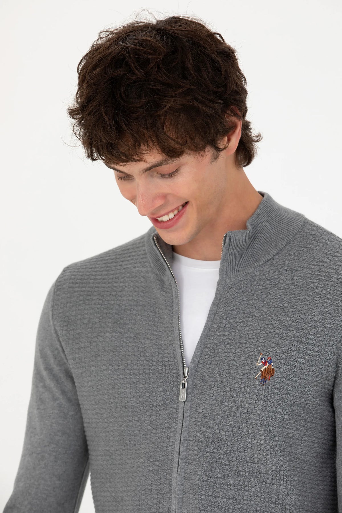 U.S. Polo Assn. Grey Melange Men Grey Melange Zip Through Knitted Cardigan SKU: G081SZ0TH0 1629653_VR086 Image 02