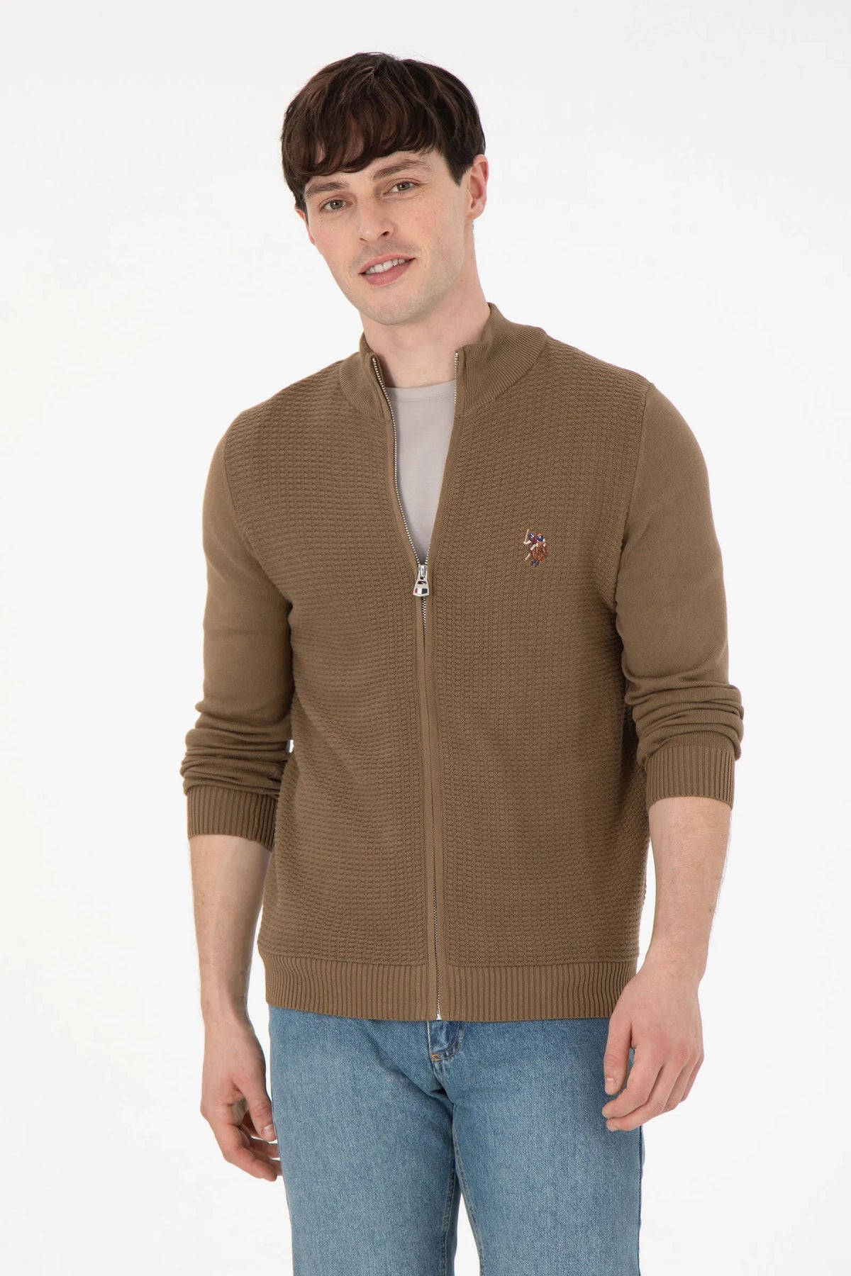 U.S. Polo Assn. Khaki Men Khaki Zip Through Ribbed Knitted Cardigan SKU: G081SZ0TH0 1920466_VR027 Image 01