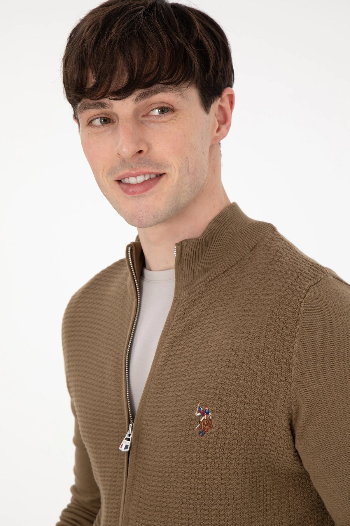 U.S. Polo Assn. Khaki Men Khaki Zip Through Ribbed Knitted Cardigan SKU: G081SZ0TH0 1920466_VR027 Image 02