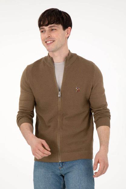 U.S. Polo Assn. Khaki Men Khaki Zip Through Ribbed Knitted Cardigan SKU: G081SZ0TH0 1920466_VR027 Image 03