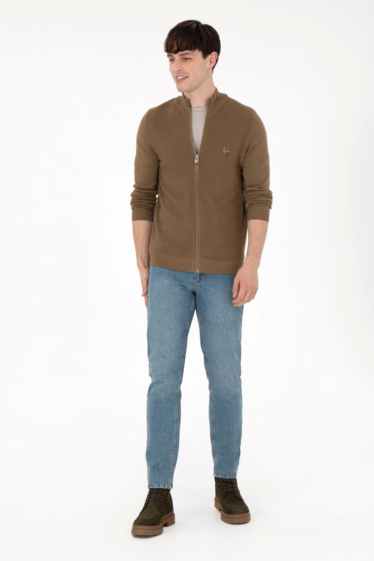 U.S. Polo Assn. Khaki Men Khaki Zip Through Ribbed Knitted Cardigan SKU: G081SZ0TH0 1920466_VR027 Image 04