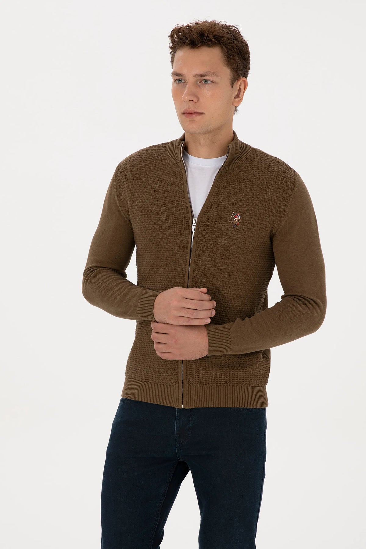 U.S. Polo Assn. Khaki Men Khaki Zip Through Knitted Cardigan SKU: G081SZ0TH0 2227188_VR027 Image 03