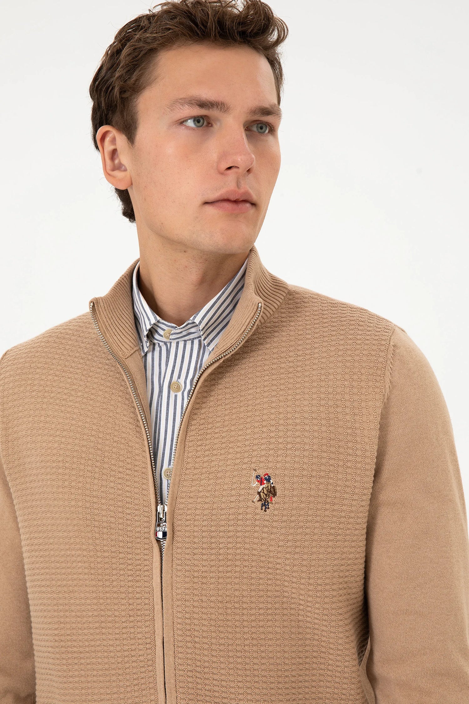 U.S. Polo Assn._Camel Melange_Camel Melange Zip Up Cardigan_G081SZ0TH0 2227188_VR122_02