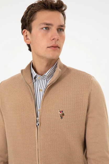 U.S. Polo Assn._Camel Melange_Camel Melange Zip Up Cardigan_G081SZ0TH0 2227188_VR122_02