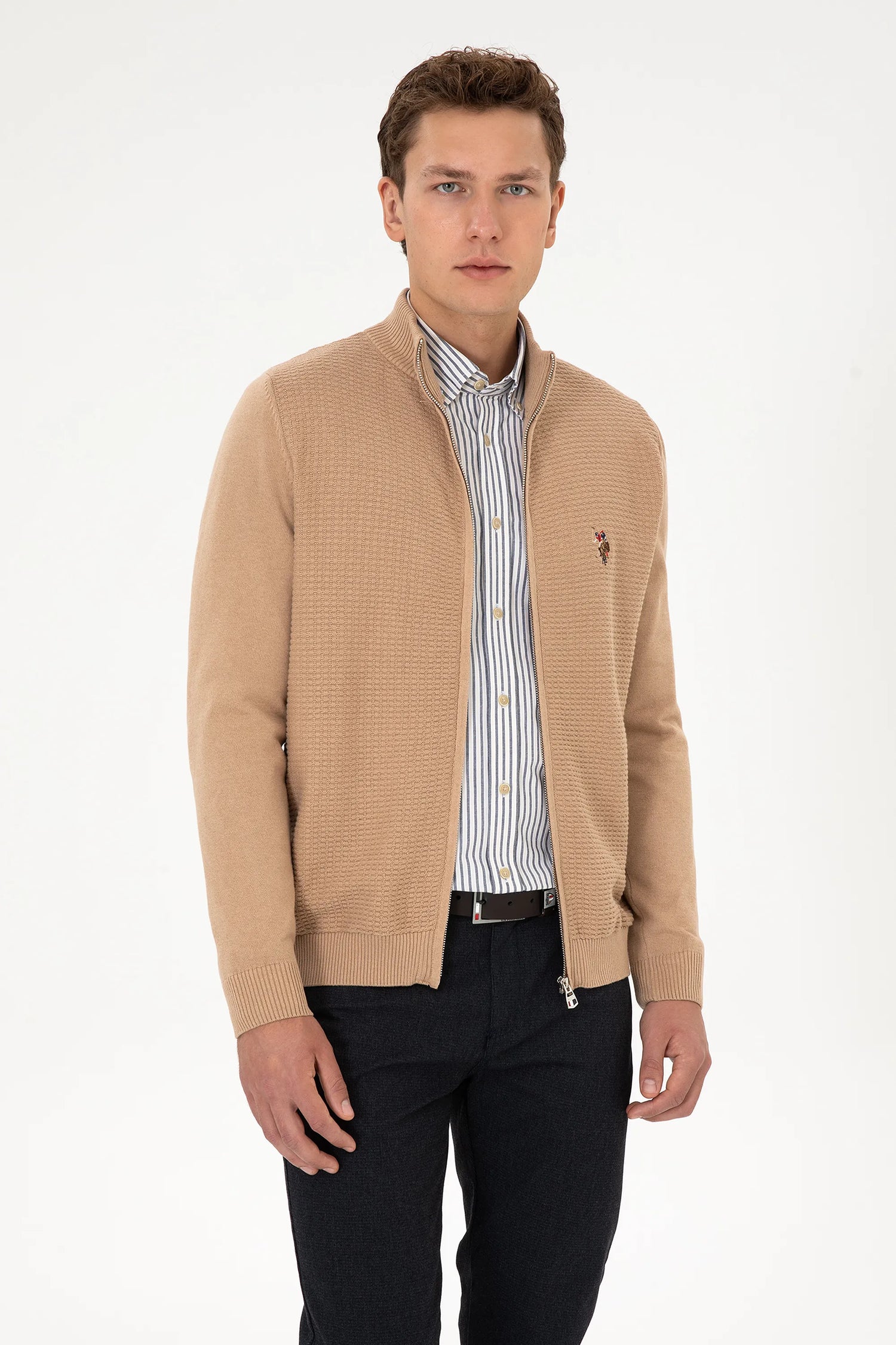U.S. Polo Assn._Camel Melange_Camel Melange Zip Up Cardigan_G081SZ0TH0 2227188_VR122_03