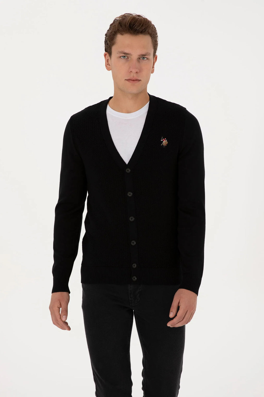 U.S. Polo Assn. Black Men Black Button Through V Neck Knitted Cardigan SKU: G081SZ0TH0 2227205_VR046 Image 01