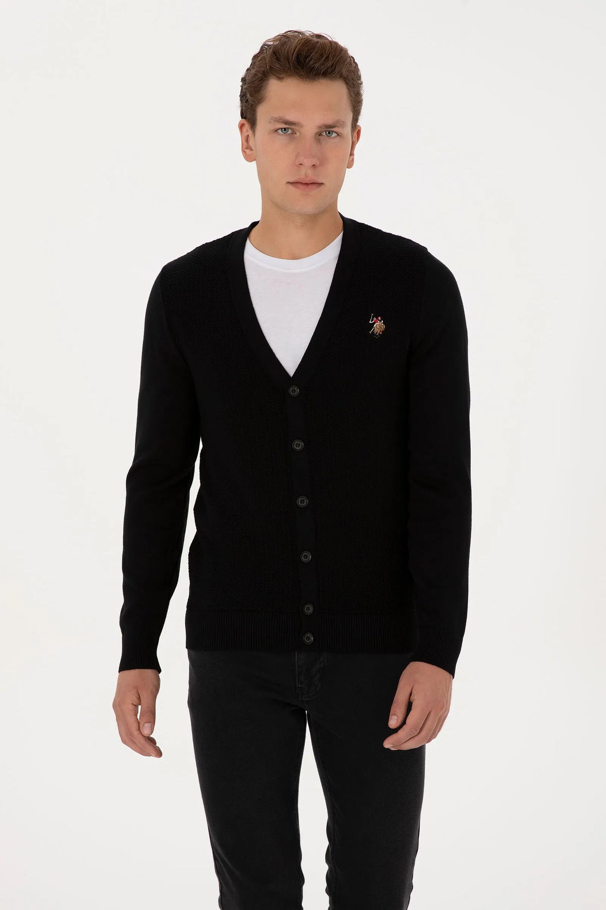 U.S. Polo Assn. Black Men Black Button Through V Neck Knitted Cardigan SKU: G081SZ0TH0 2227205_VR046 Image 01