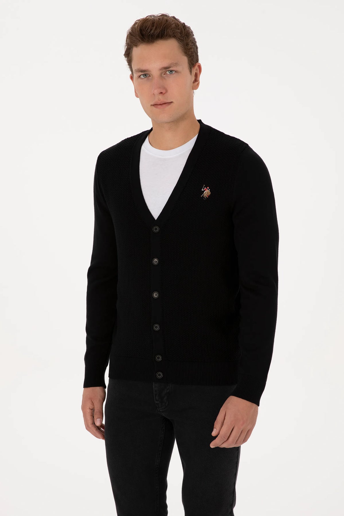 U.S. Polo Assn. Black Men Black Button Through V Neck Knitted Cardigan SKU: G081SZ0TH0 2227205_VR046 Image 03