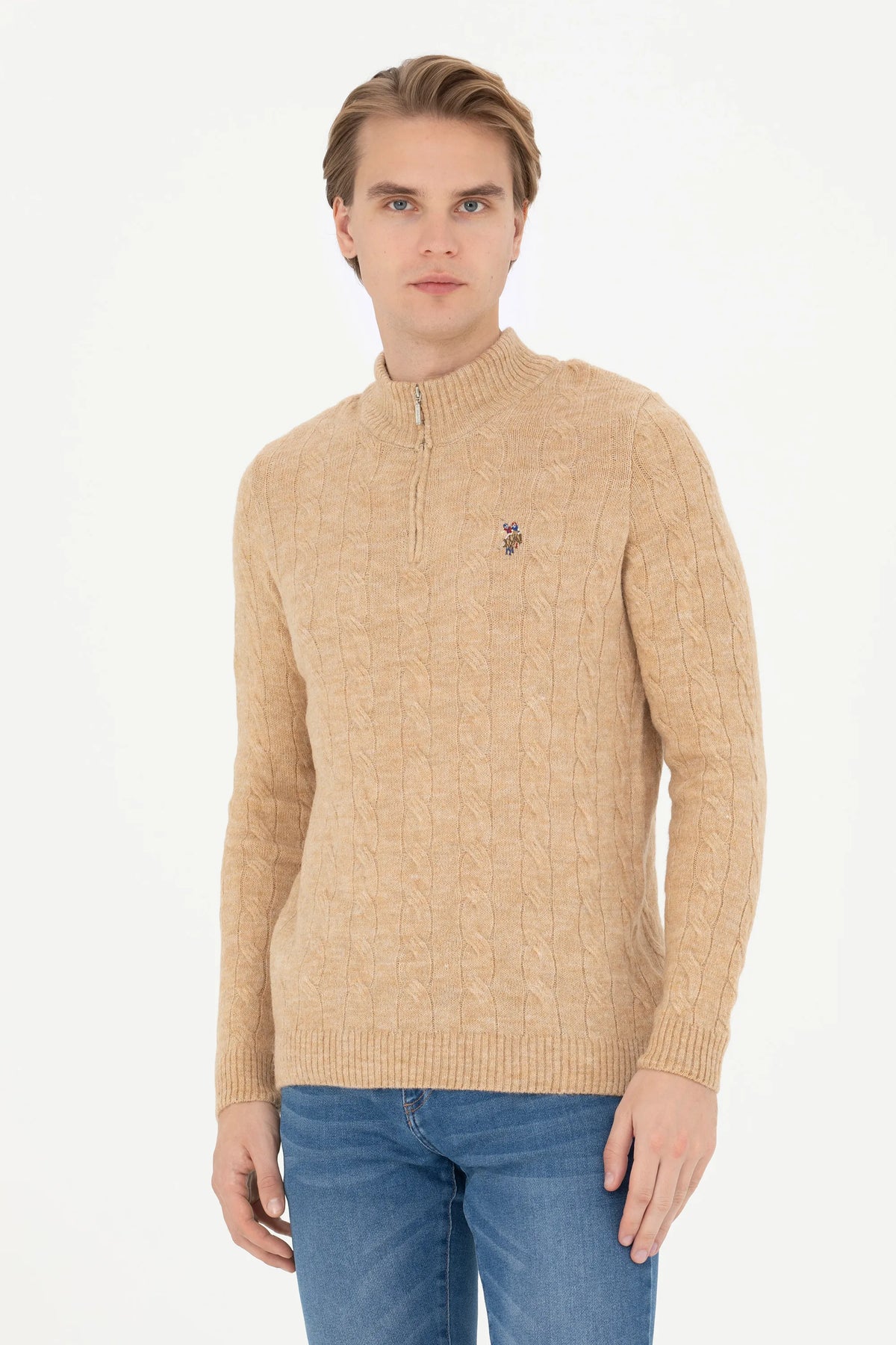 U.S. Polo Assn. Sand Melange Men Sand Melange Half Zip Knitted Pullover SKU: G081SZ0TK0 1669347_VR123 Image 03