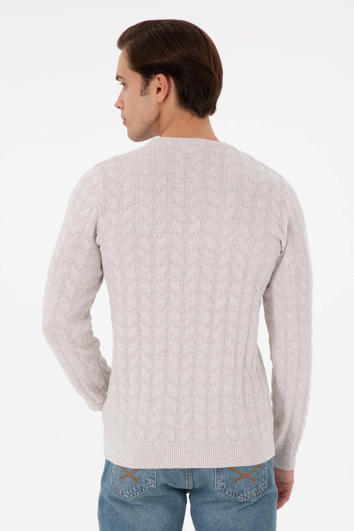 U.S. Polo Assn. Stone Melange Men Stone Melange Cable Knit Crew Neck Pullover SKU: G081SZ0TK0 1920815_VR225 Image 05