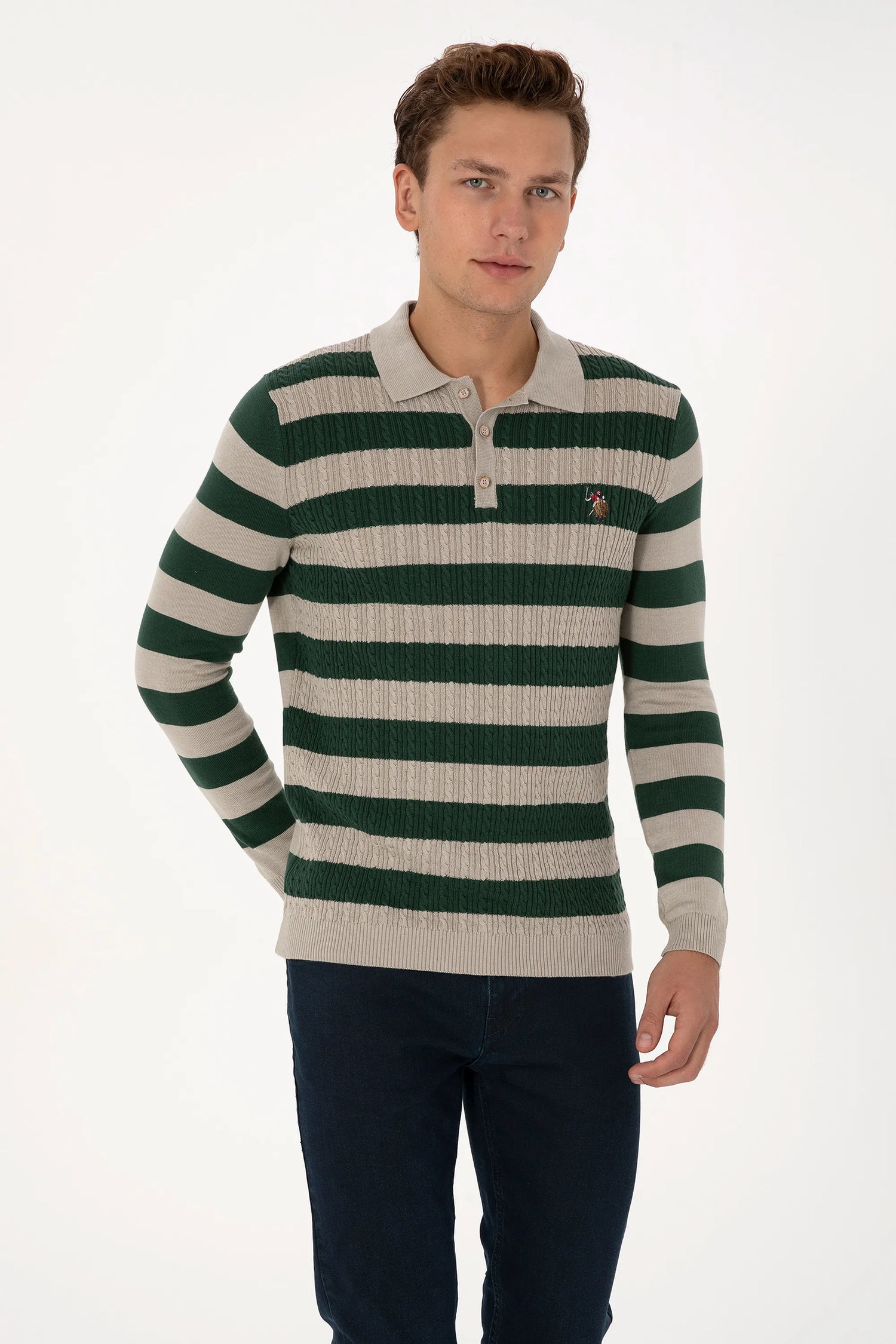 U.S. Polo Assn._Stone Melange_Stone Melange Long Sleeve Polo Shirt_G081SZ0TK0 2234983_VR225_03