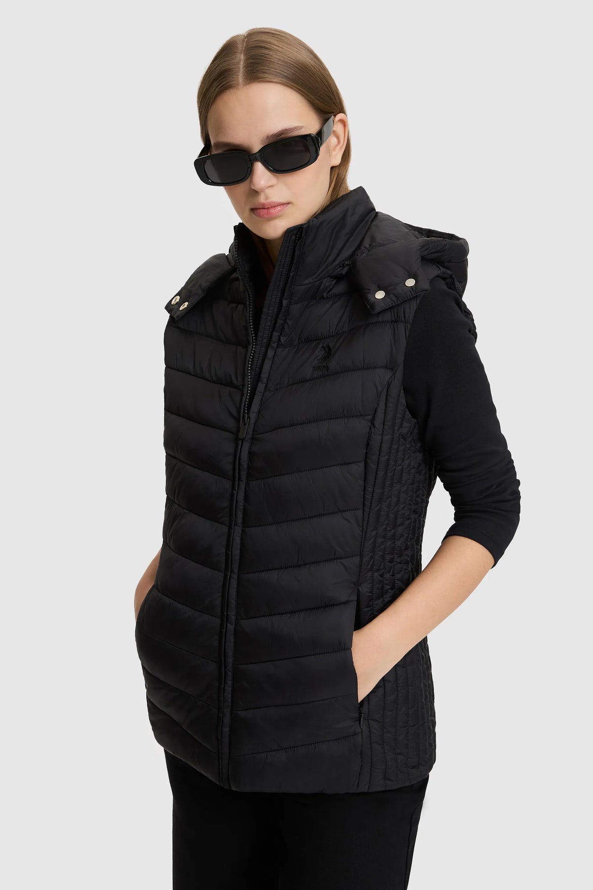 U.S. Polo Assn. Black Women Black Hooded Padded Vest SKU: G082GL0100 PU-13437_VR046 Image 03