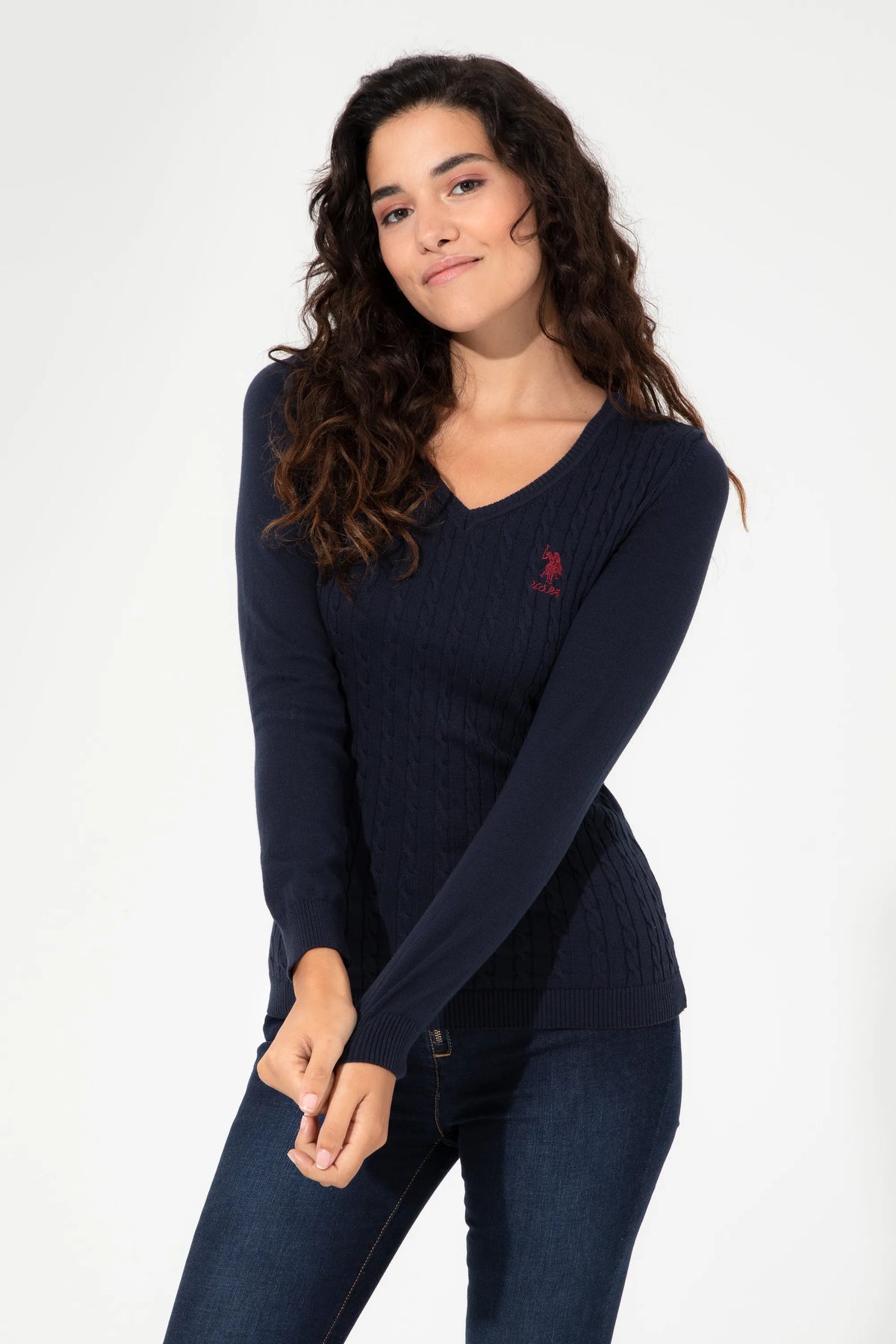U.S. Polo Assn. Navy Women Navy Cable Knit V Neck Pullover SKU: G082GL0TK0 1430193_VR033 Image 02
