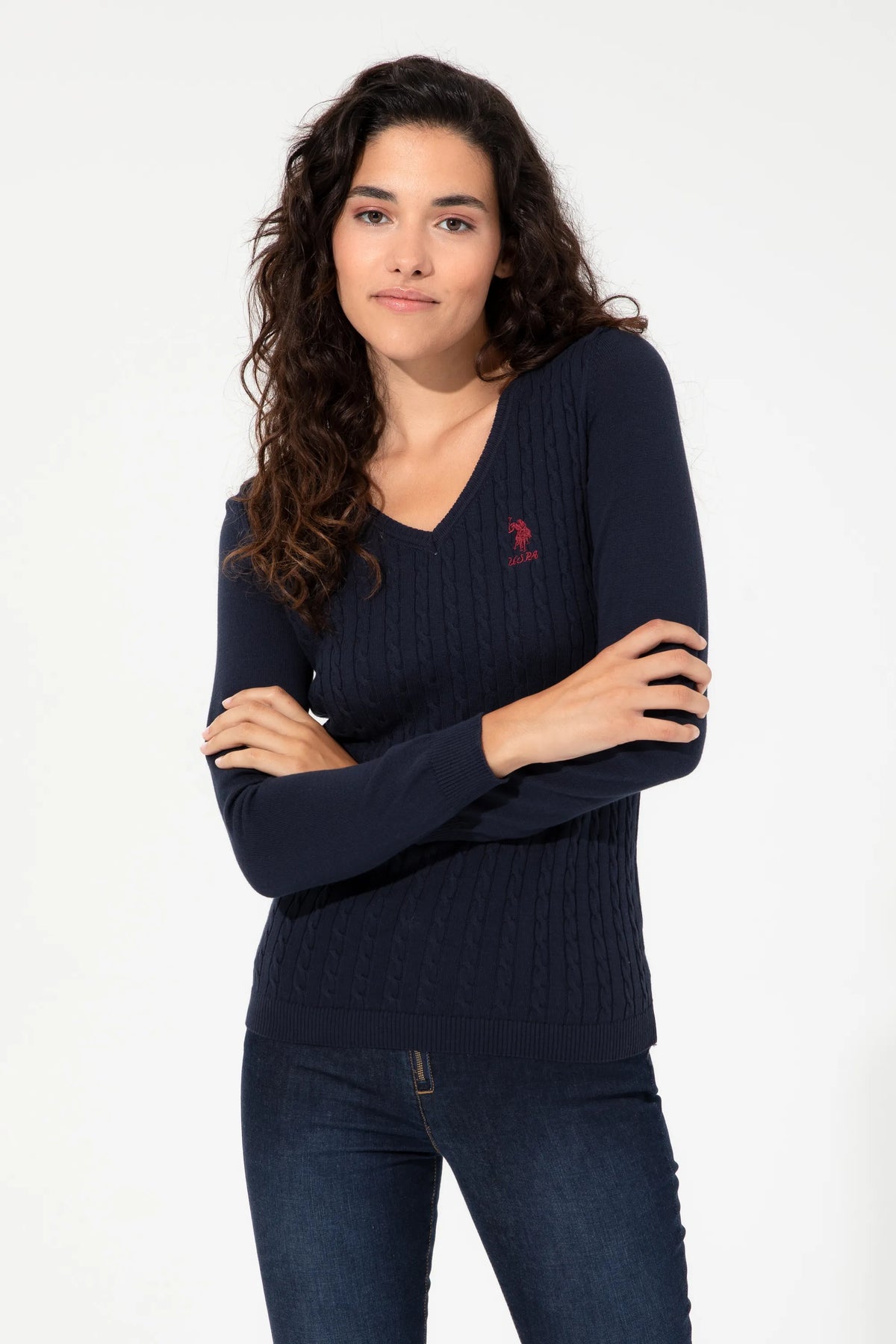 U.S. Polo Assn. Navy Women Navy Cable Knit V Neck Pullover SKU: G082GL0TK0 1430193_VR033 Image 04