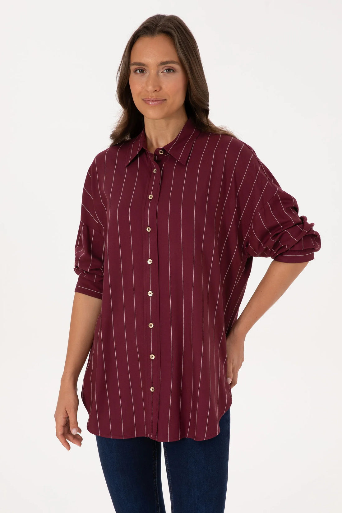 U.S. Polo Assn. New Plum Women Plum Long Sleeve Striped Longline Shirt SKU: G082SZ0040 2237657_VR177 Image 01