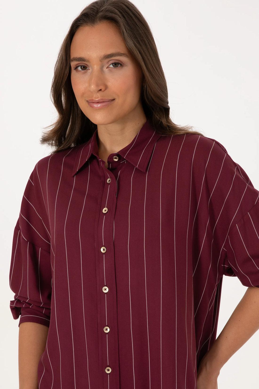 U.S. Polo Assn. New Plum Women Plum Long Sleeve Striped Longline Shirt SKU: G082SZ0040 2237657_VR177 Image 02