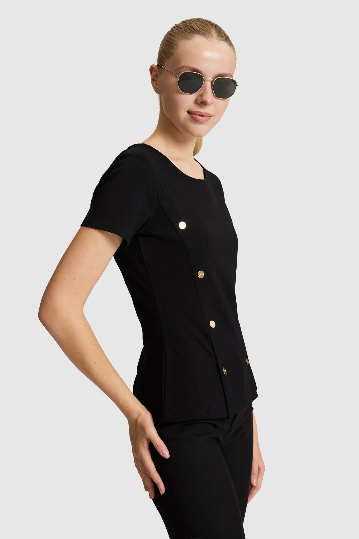 U.S. Polo Assn. Black Women Black Short Sleeve Button Detail T-Shirt SKU: G082SZ0110 PU-9898_VR046 Image 03