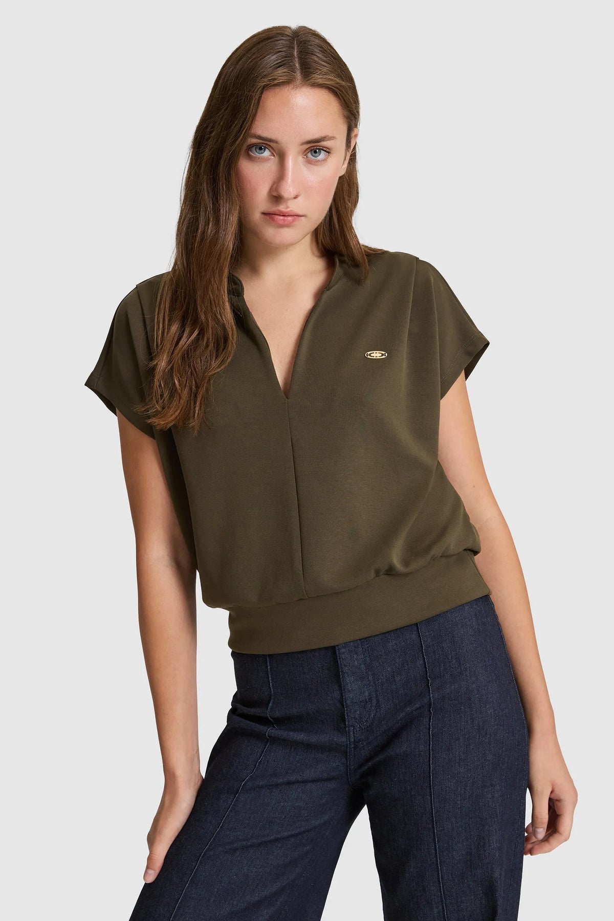 U.S. Polo Assn. Dark Khaki Women Dark Khaki Short Sleeve Knitted Open Collar Polo Shirt SKU: G082SZ0110 PU-9922_VR111 Image 01
