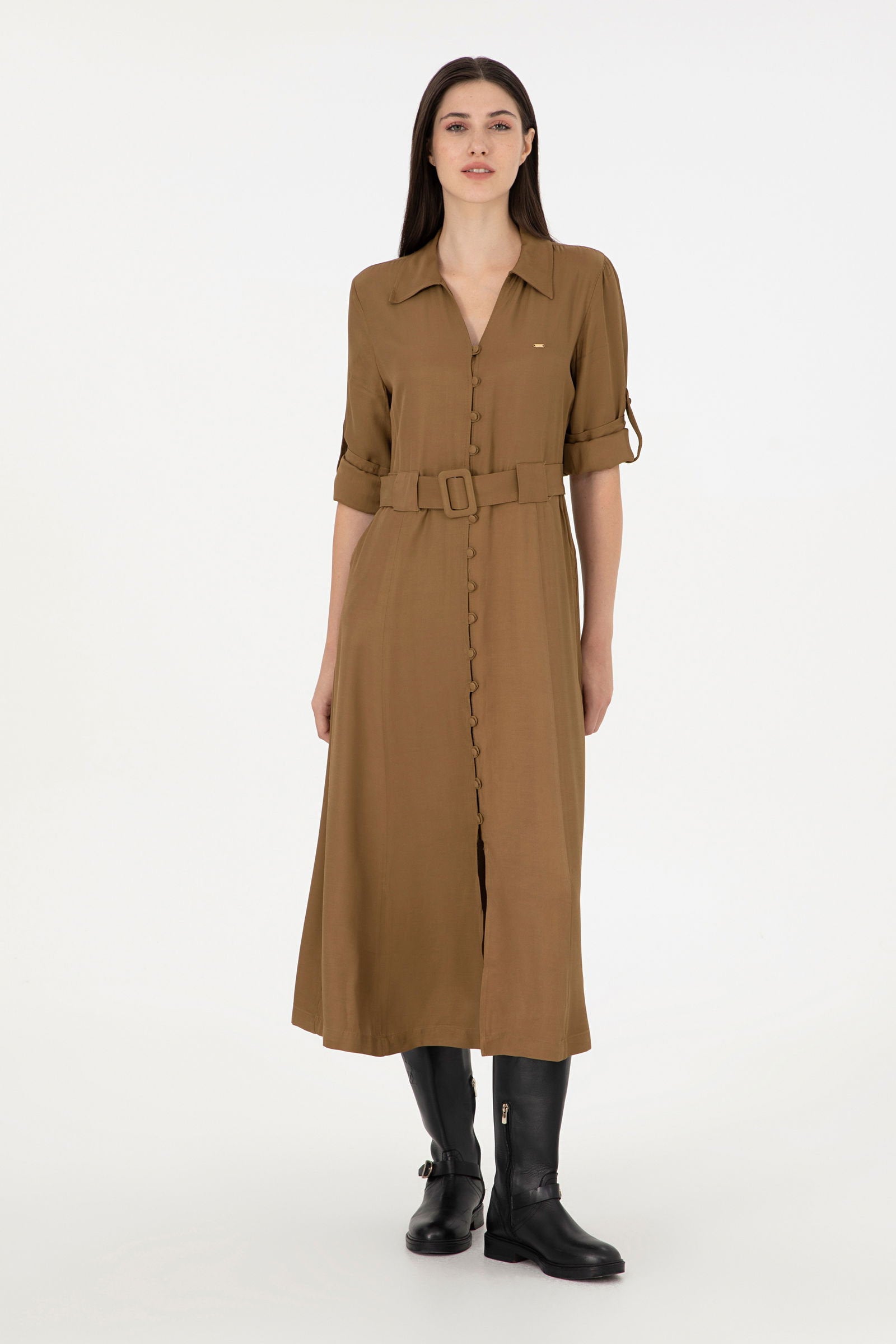 Brown Shirt Style Midi Dress_G082SZ0320 1941936_VR027_01