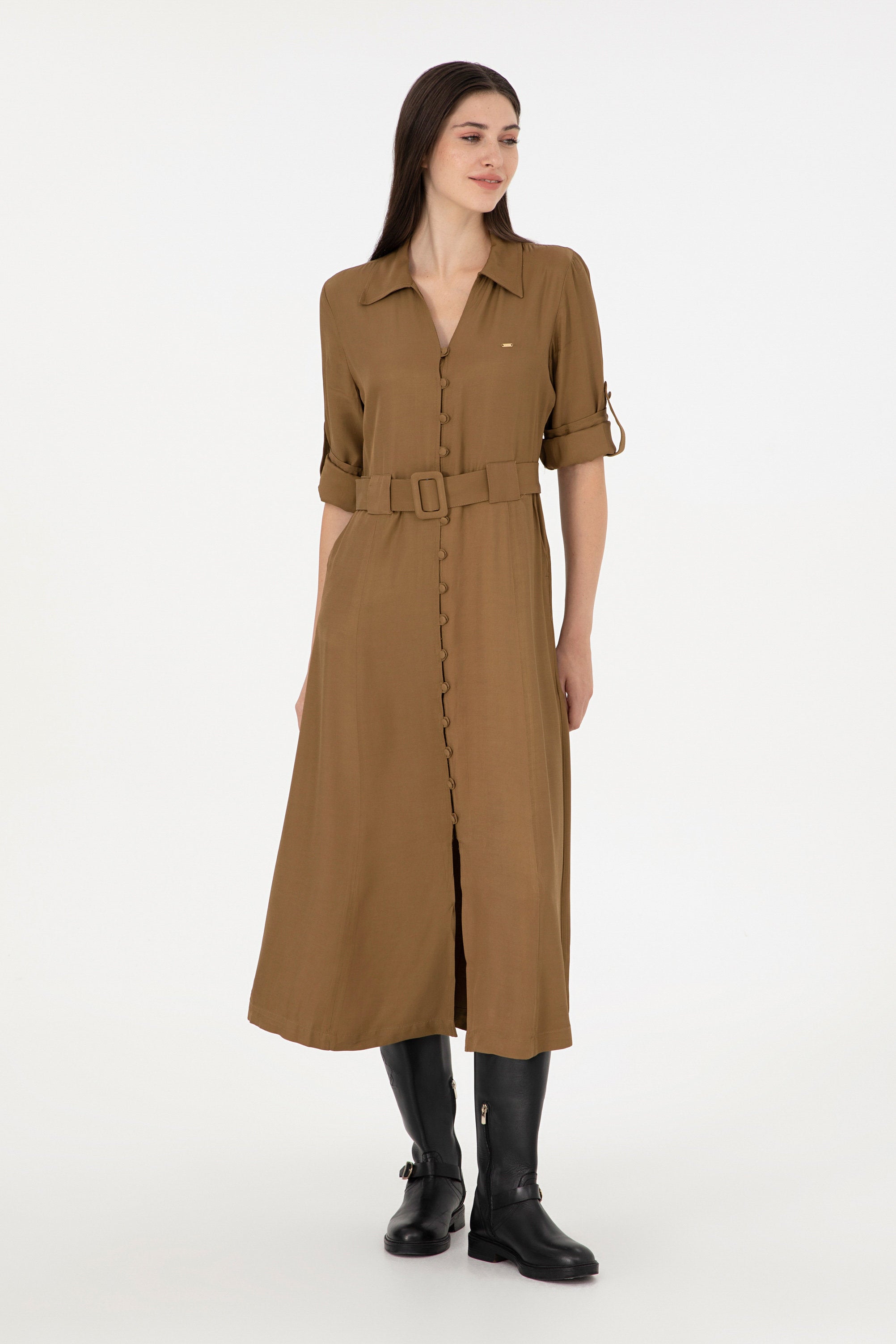 Brown Shirt Style Midi Dress_G082SZ0320 1941936_VR027_03