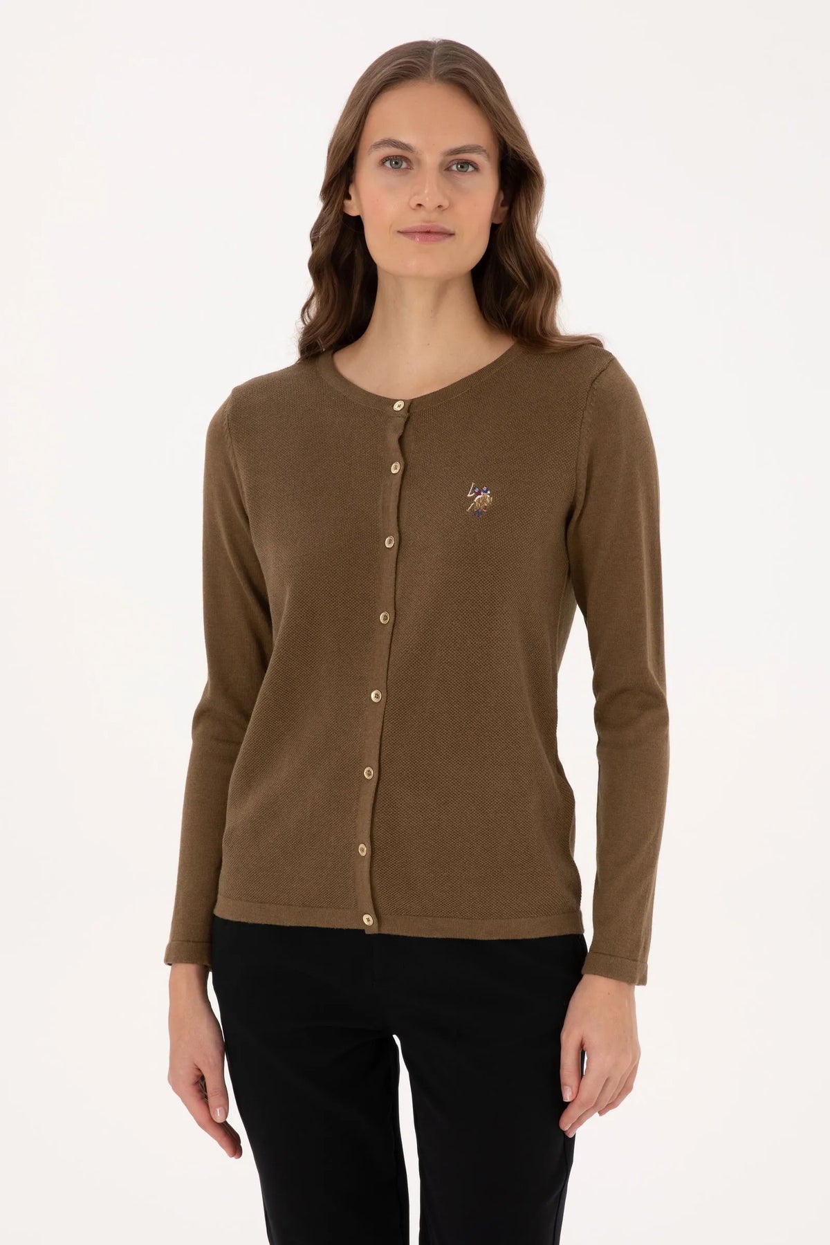 U.S. Polo Assn. Khaki Women Khaki Button Through Fine Knit Cardigan SKU: G082SZ0TH0 2226378_VR027 Image 01