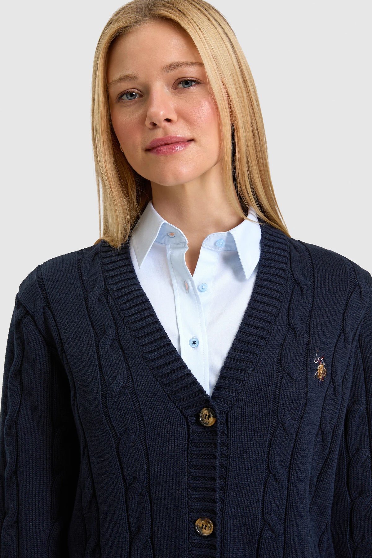 U.S. Polo Assn. Navy Women Navy Longline Ribbed Button Through Cardigan SKU: G082SZ0TH0 PU-16441_VR033 Image 02