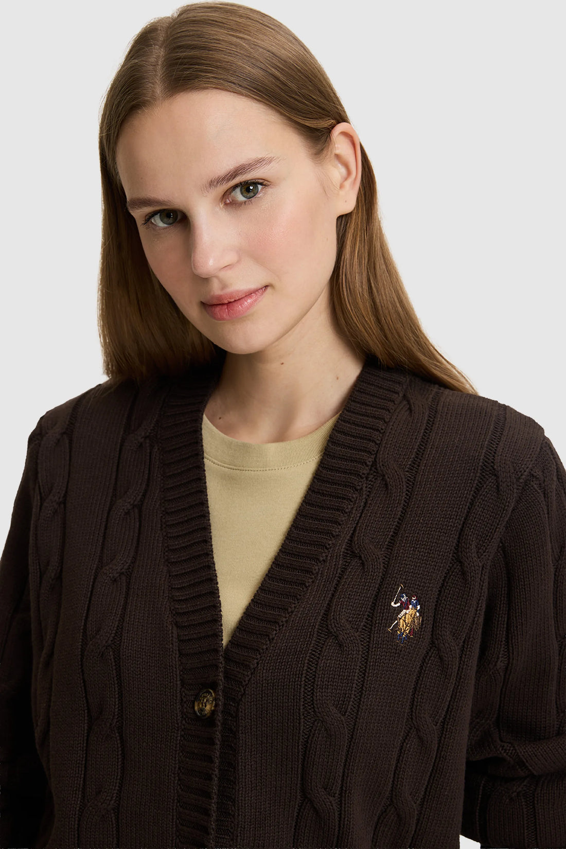 U.S. Polo Assn. Dark Brown Women Dark Brown Cable Knit Button Through Cardigan SKU: G082SZ0TH0 PU-16441_VR084 Image 02