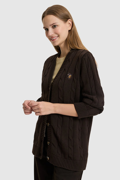 U.S. Polo Assn. Dark Brown Women Dark Brown Cable Knit Button Through Cardigan SKU: G082SZ0TH0 PU-16441_VR084 Image 03