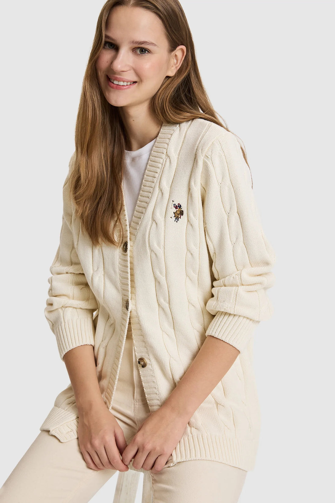 U.S. Polo Assn. Ivory Women Ivory Cable Knit Button Through Cardigan SKU: G082SZ0TH0 PU-16441_VR265 Image 01