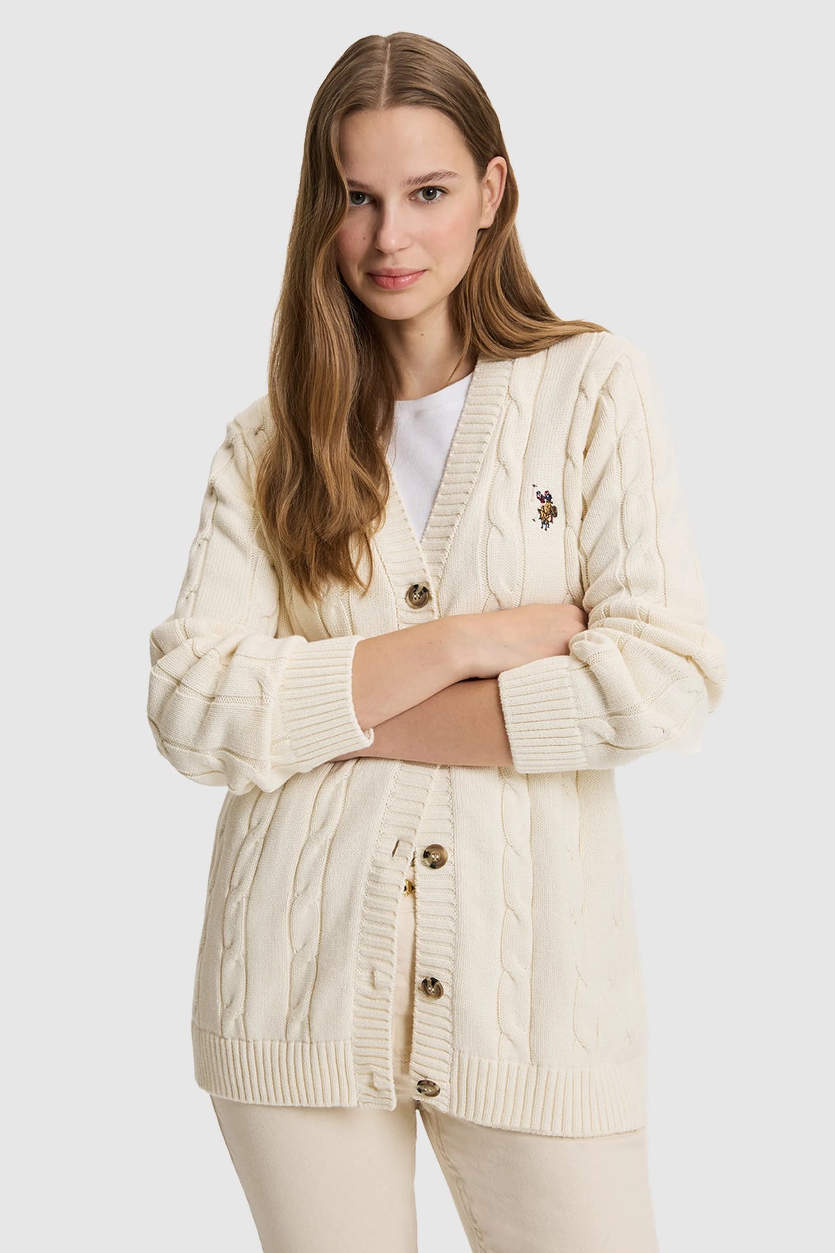 U.S. Polo Assn. Ivory Women Ivory Cable Knit Button Through Cardigan SKU: G082SZ0TH0 PU-16441_VR265 Image 02