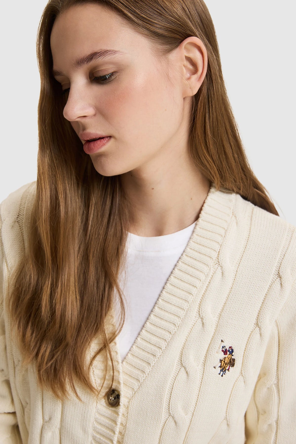 U.S. Polo Assn. Ivory Women Ivory Cable Knit Button Through Cardigan SKU: G082SZ0TH0 PU-16441_VR265 Image 03