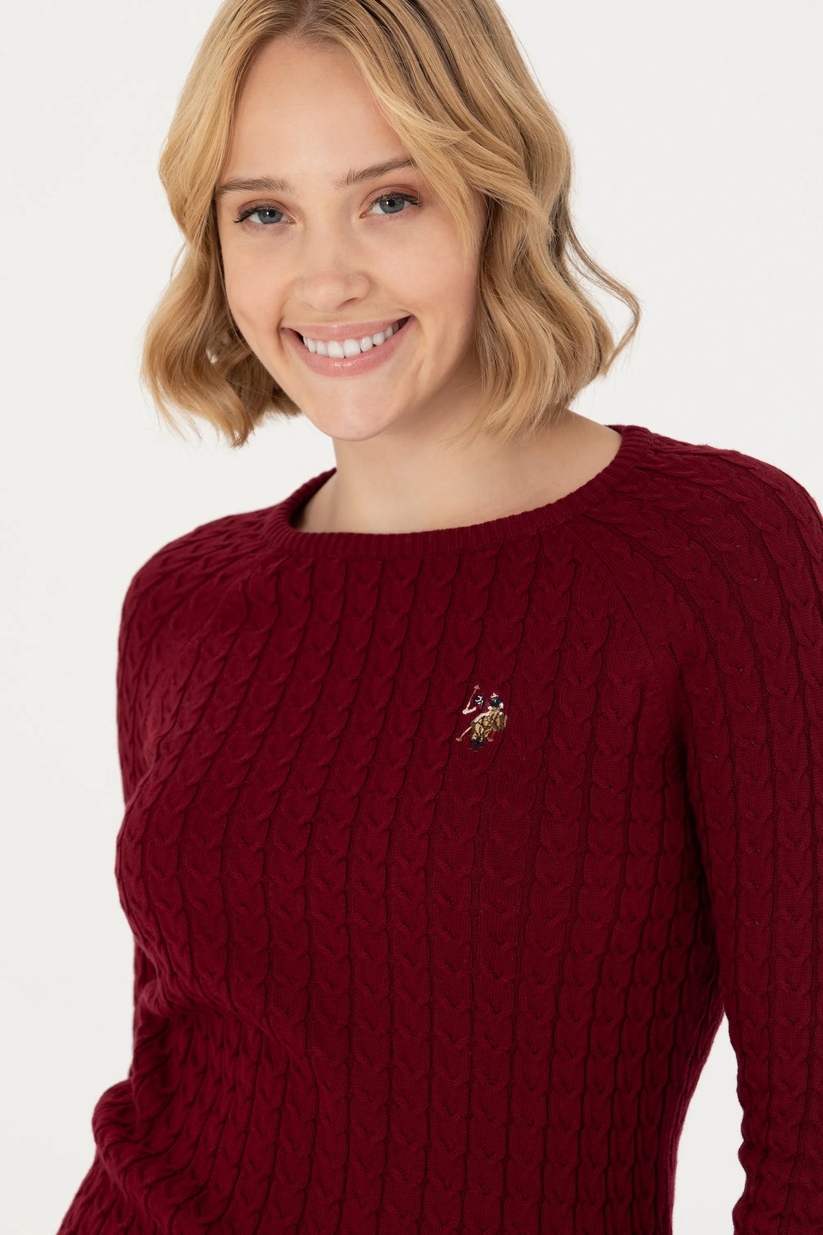 U.S. Polo Assn. Bordeaux Women Bordeaux Cable Knit Elbow Patch Crew Neck Pullover SKU: G082SZ0TK0 1629789_VR014 Image 02