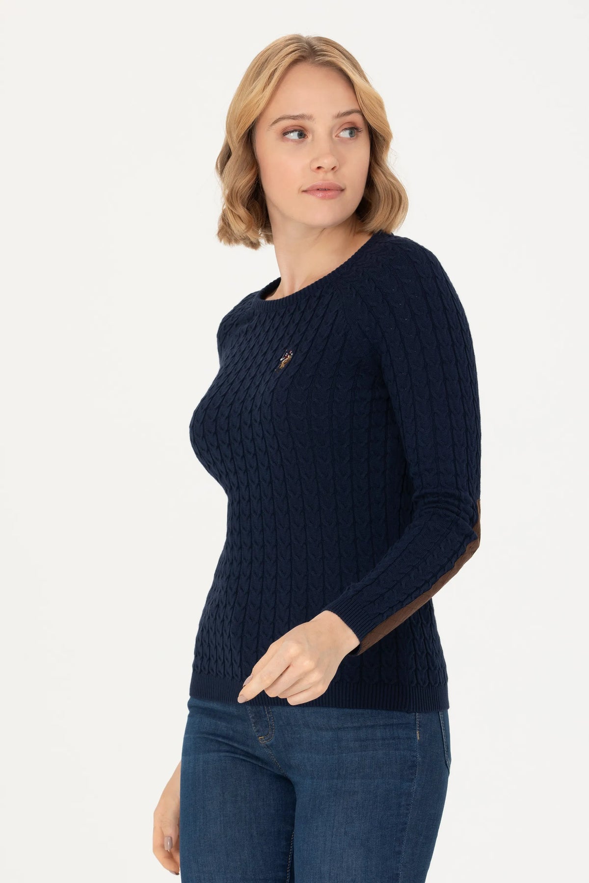 U.S. Polo Assn. Navy Women Navy Cable Knit Elbow Patch Crew Neck Pullover SKU: G082SZ0TK0 1629789_VR033 Image 03