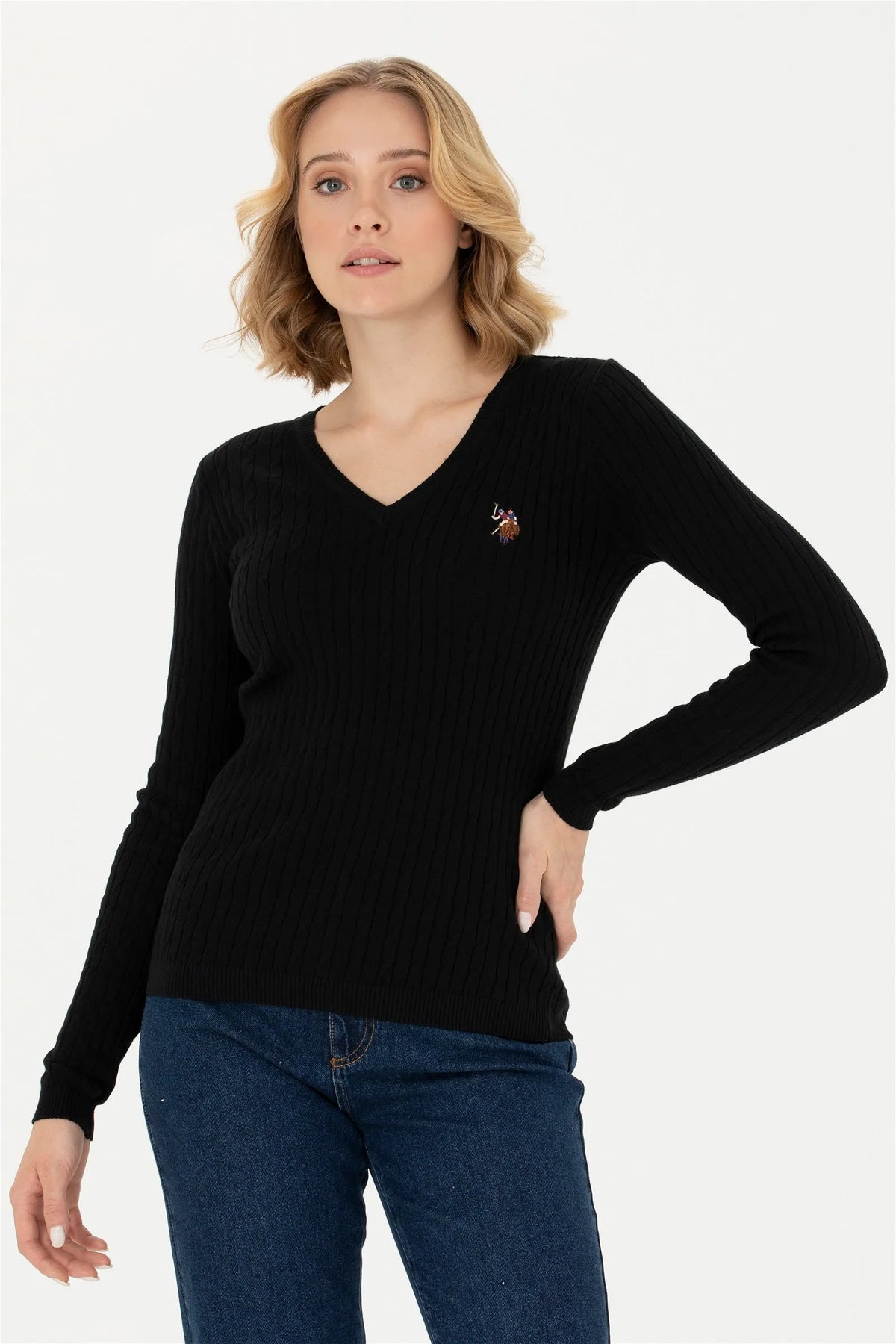 U.S. Polo Assn. Black Women Black Fine Knit V Neck Pullover SKU: G082SZ0TK0 1629848_VR046 Image 01