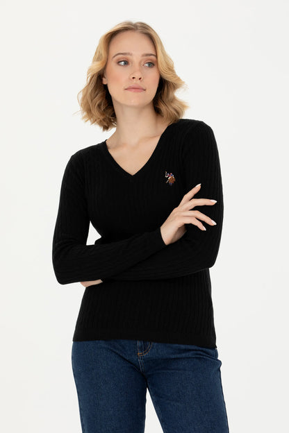 U.S. Polo Assn. Black Women Black Fine Knit V Neck Pullover SKU: G082SZ0TK0 1629848_VR046 Image 03