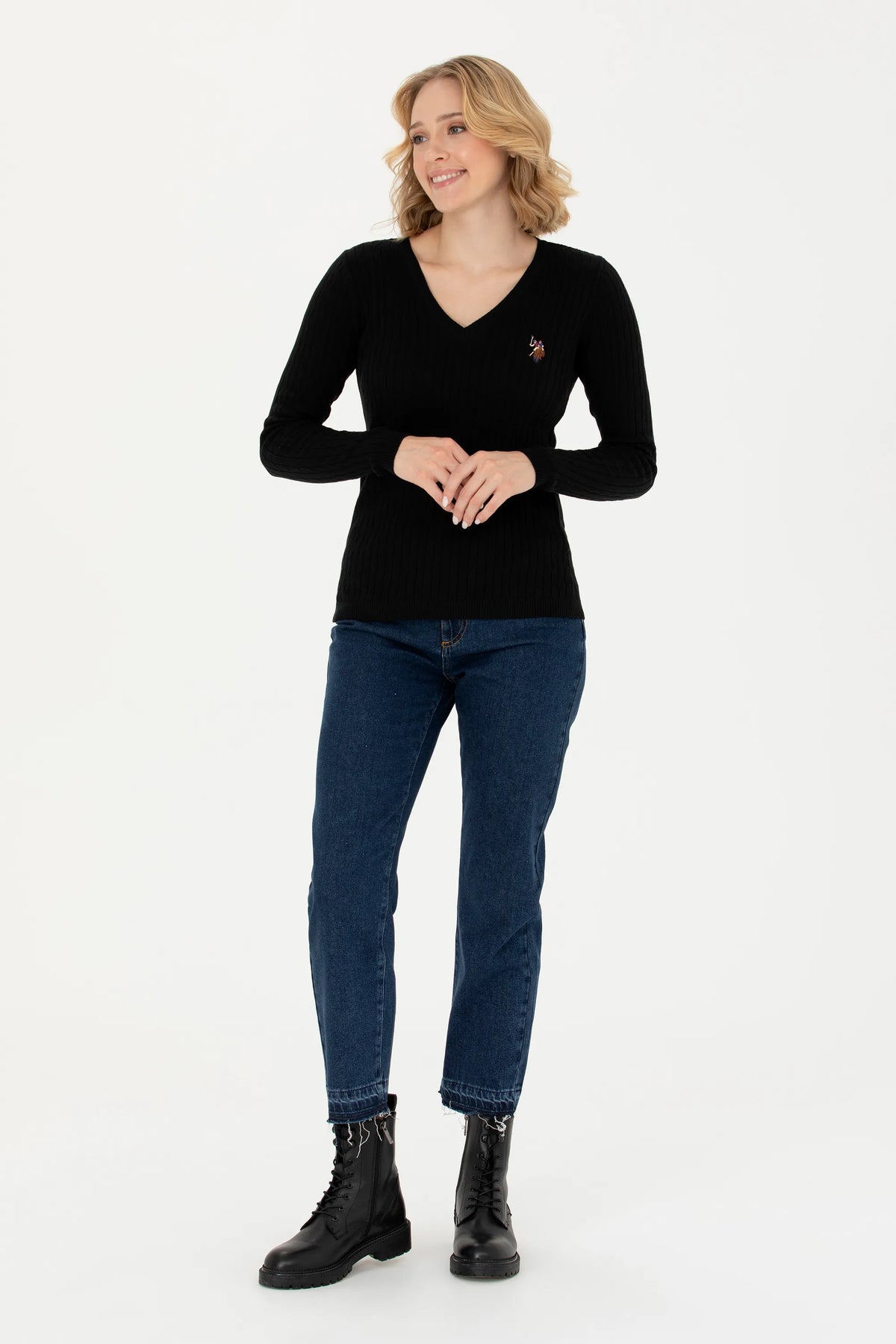 U.S. Polo Assn. Black Women Black Fine Knit V Neck Pullover SKU: G082SZ0TK0 1629848_VR046 Image 04