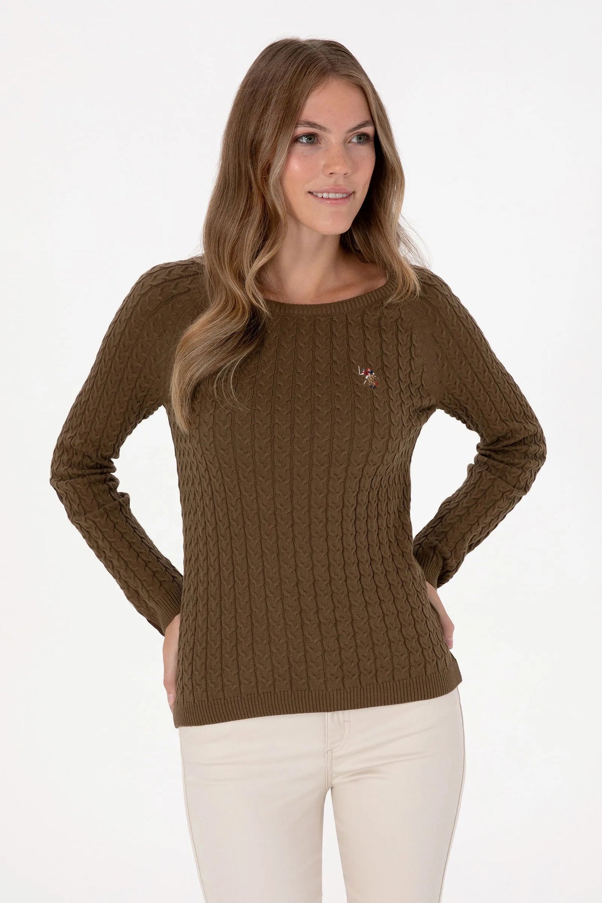U.S. Polo Assn. Khaki Women Khaki Cable Knit Crew Neck Pullover SKU: G082SZ0TK0 2226135_VR027 Image 01