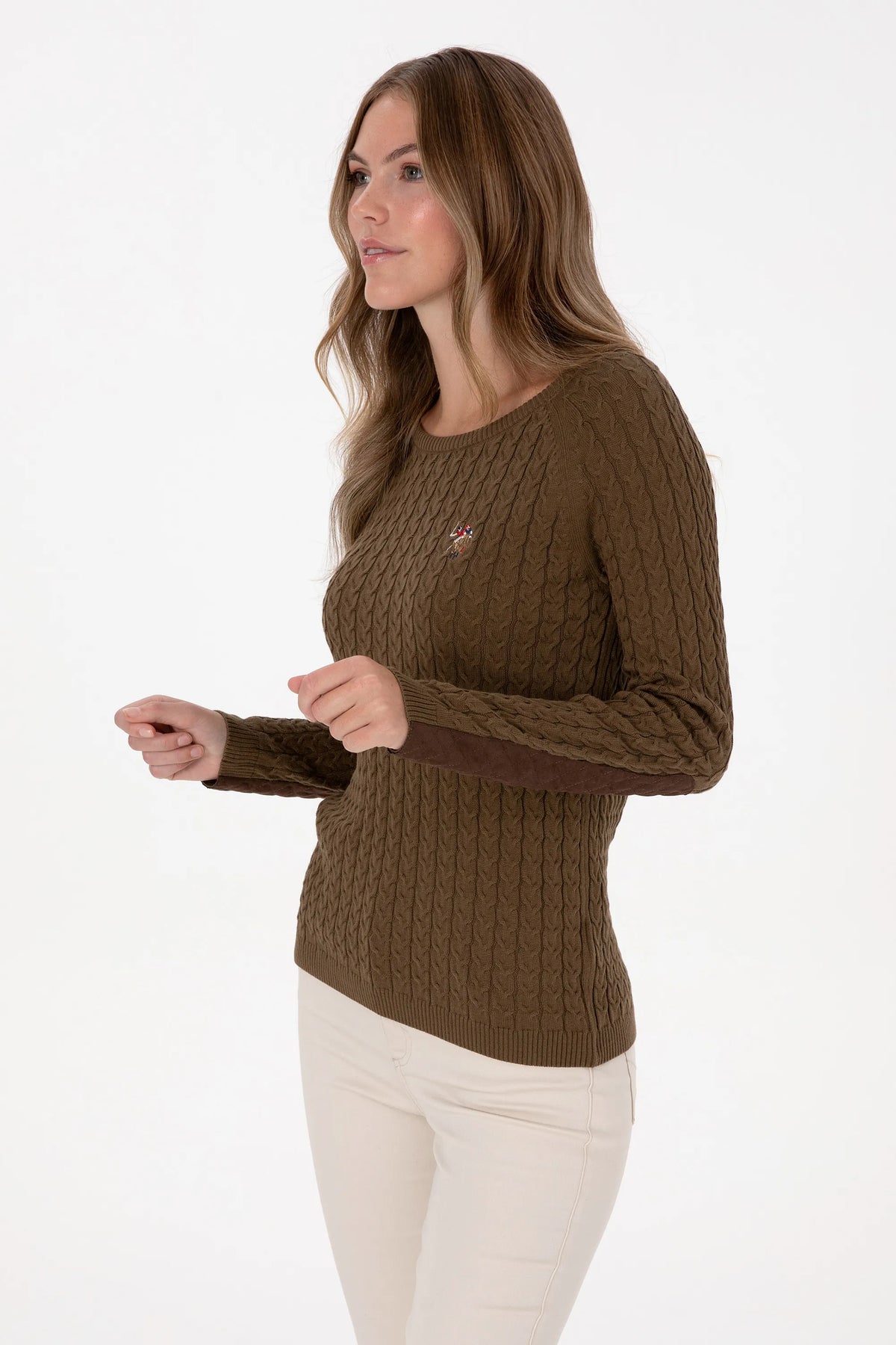 U.S. Polo Assn. Khaki Women Khaki Cable Knit Crew Neck Pullover SKU: G082SZ0TK0 2226135_VR027 Image 03