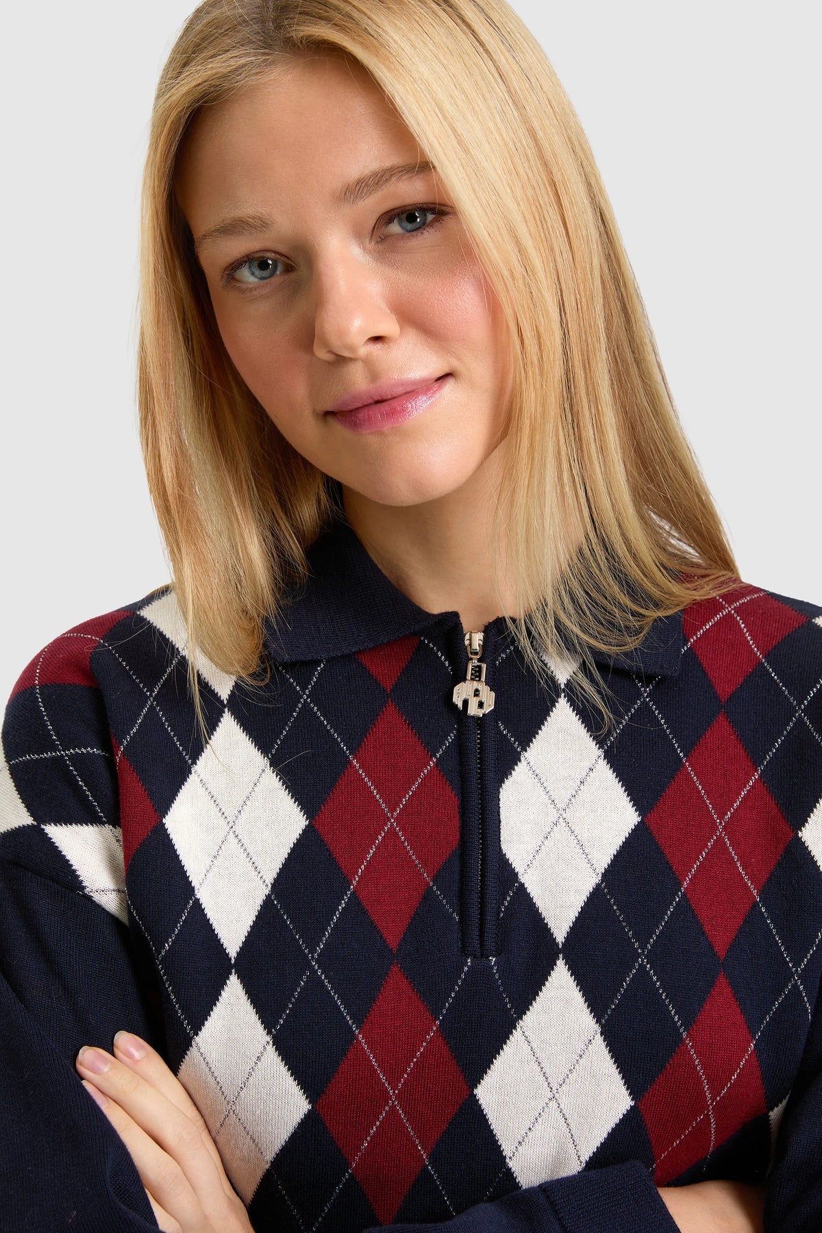 U.S. Polo Assn. Navy Women Navy Oversized Argyle Half Zip Sweater SKU: G082SZ0TK0 PU-14327_VR033 Image 02