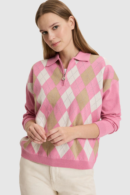 U.S. Polo Assn. Pink Women Pink Long Sleeve Argyle Knitted Polo Shirt SKU: G082SZ0TK0 PU-14327_VR041 Image 03