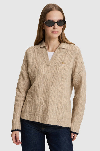 U.S. Polo Assn. Camel Women Camel Long Sleeve Knitted Open Collar Polo Shirt SKU: G082SZ0TK0 PU-14329_VR015 Image 01