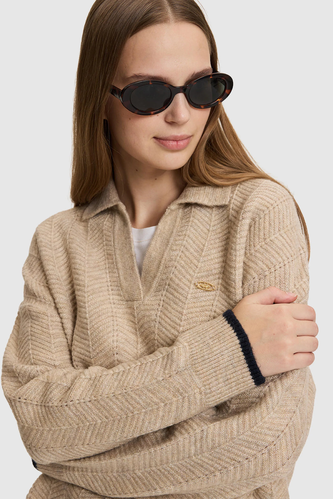 U.S. Polo Assn. Camel Women Camel Long Sleeve Knitted Open Collar Polo Shirt SKU: G082SZ0TK0 PU-14329_VR015 Image 02