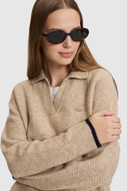 U.S. Polo Assn. Camel Women Camel Long Sleeve Knitted Open Collar Polo Shirt SKU: G082SZ0TK0 PU-14329_VR015 Image 02