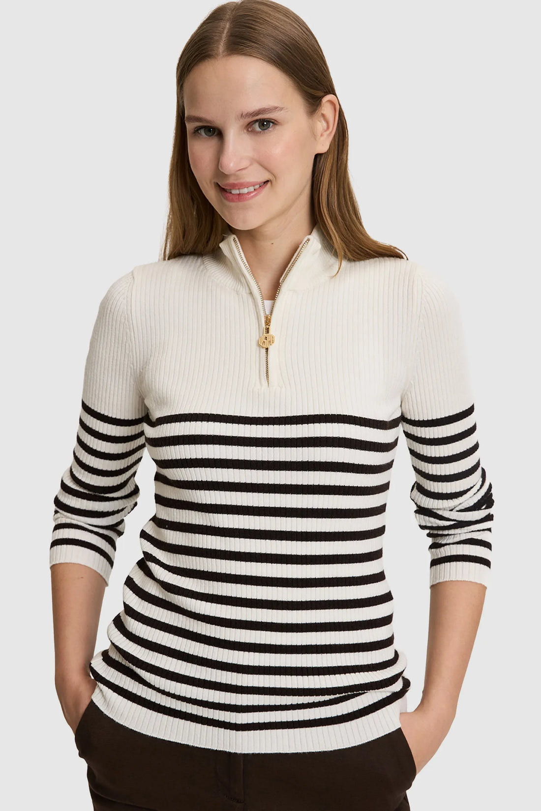 U.S. Polo Assn. Ivory Women Ivory Striped Half Zip Knitted Pullover SKU: G082SZ0TK0 PU-14338_VR265 Image 01