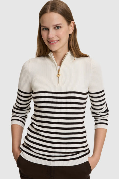 U.S. Polo Assn. Ivory Women Ivory Striped Half Zip Knitted Pullover SKU: G082SZ0TK0 PU-14338_VR265 Image 01