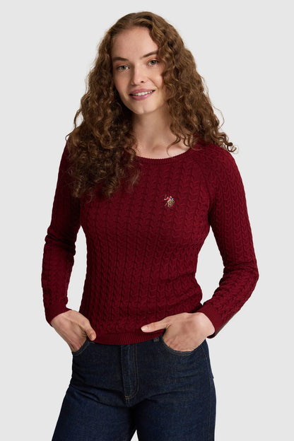 U.S. Polo Assn. Bordeaux Women Bordeaux Cable Knit Crew Neck Pullover SKU: G082SZ0TK0 PU-14842_VR014 Image 01