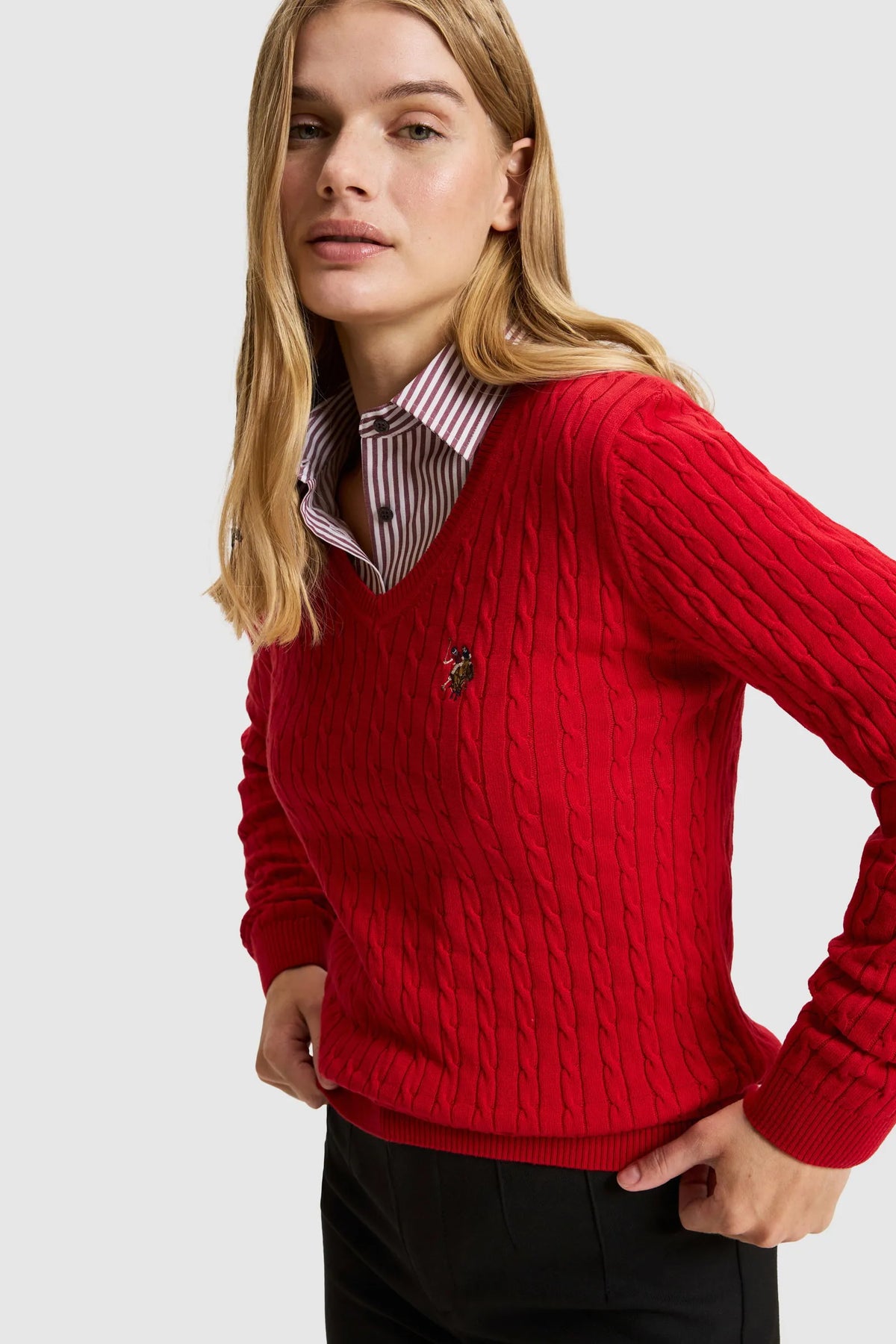 U.S. Polo Assn. Basic Red Women Red Cable Knit Crew Neck Pullover SKU: G082SZ0TK0 PU-14846_VR171 Image 01