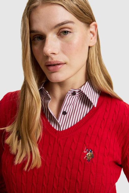 U.S. Polo Assn. Basic Red Women Red Cable Knit Crew Neck Pullover SKU: G082SZ0TK0 PU-14846_VR171 Image 02